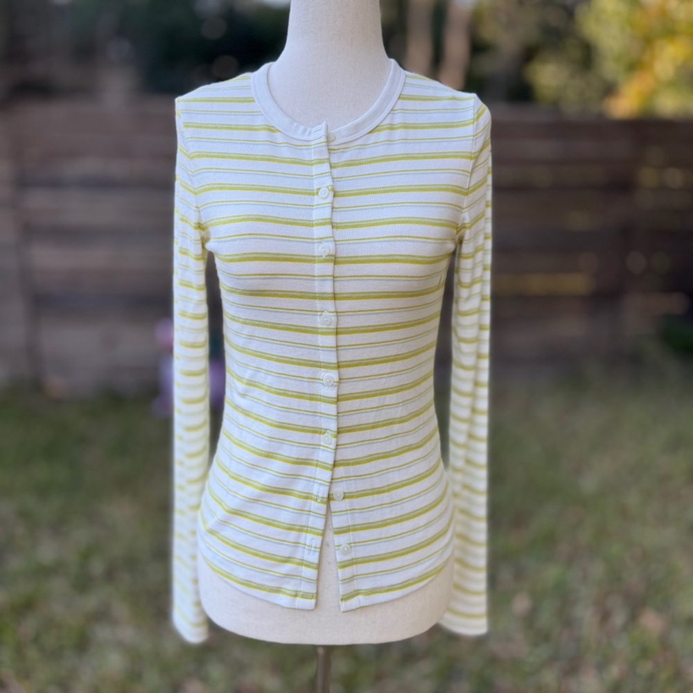 AMERICAN EAGLE Lightweight Striped Cardigan Small Preppy Coastal Green Yellow